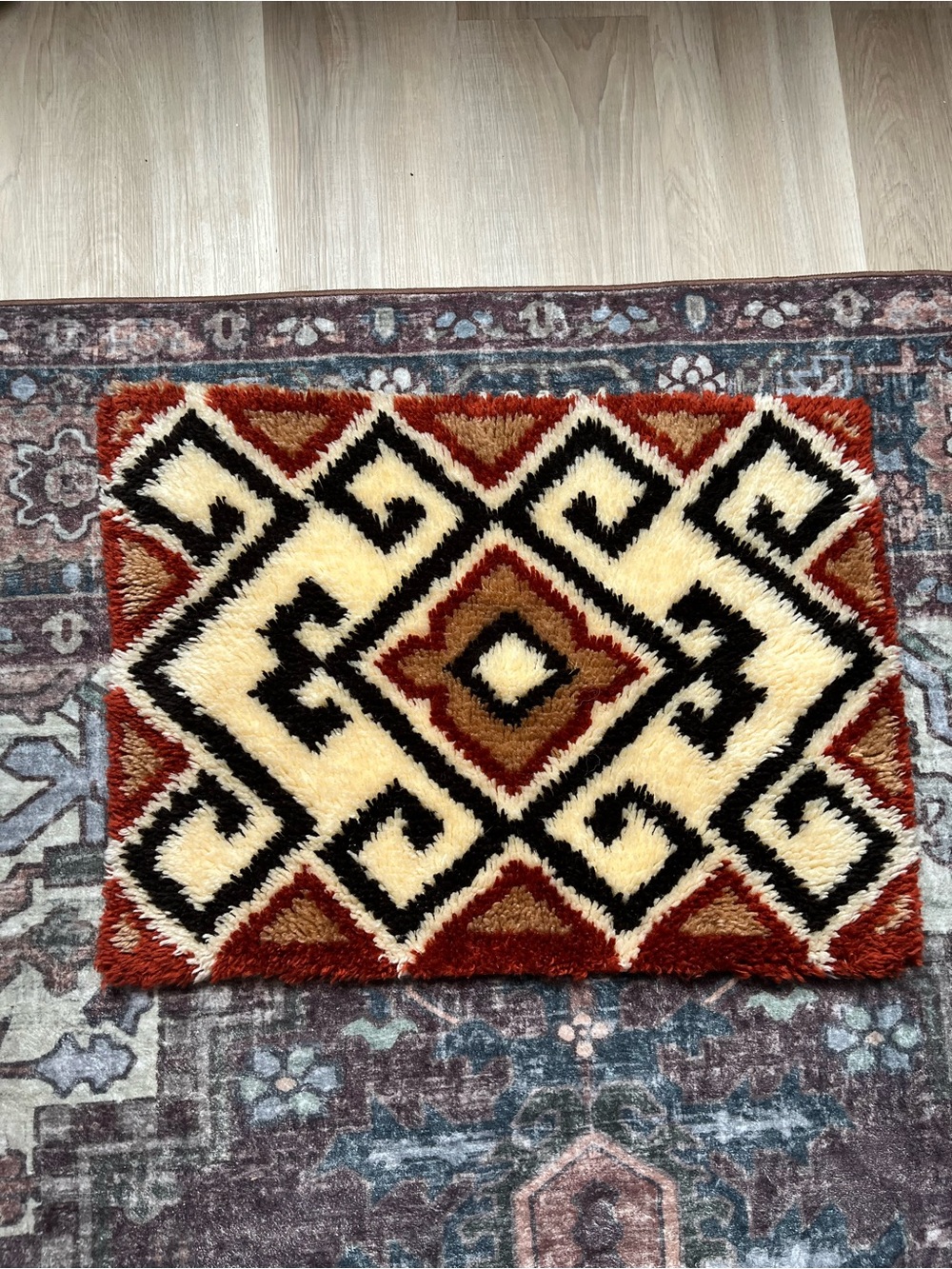 Vintage Handmade Boho Bohemian Hand-Tufted Geometric Accent Tapestry Wool Rug